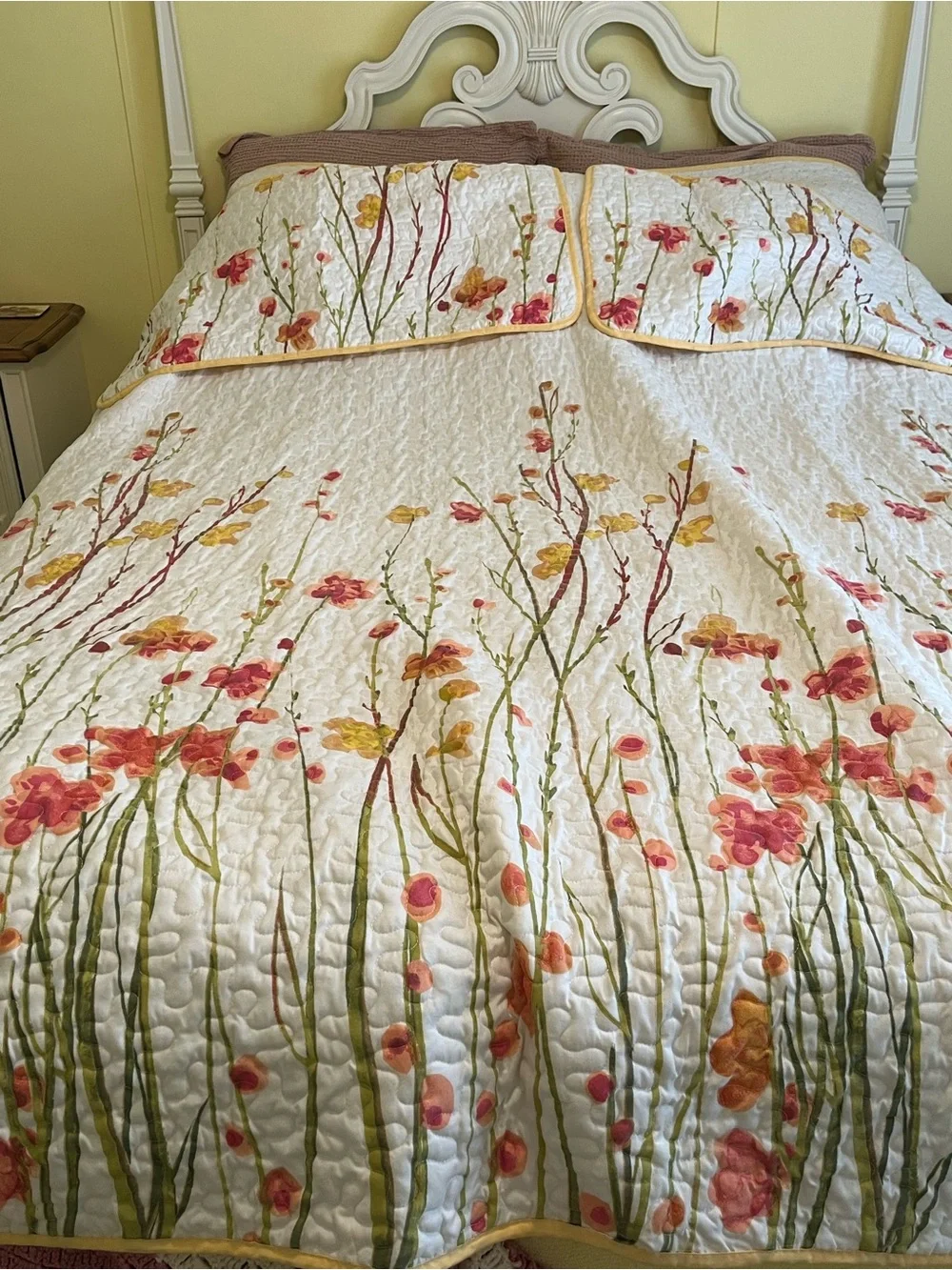 Floral Meadow Quilted Bedspread Set in White, Pink & Yellow and 2 pillow shams